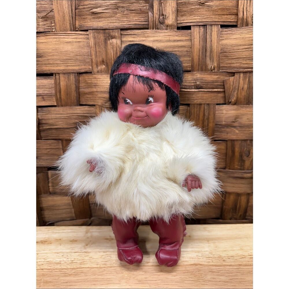 Vintage Eskimo Kids Toy Doll with Cream Fur Coat and Maroon Accents